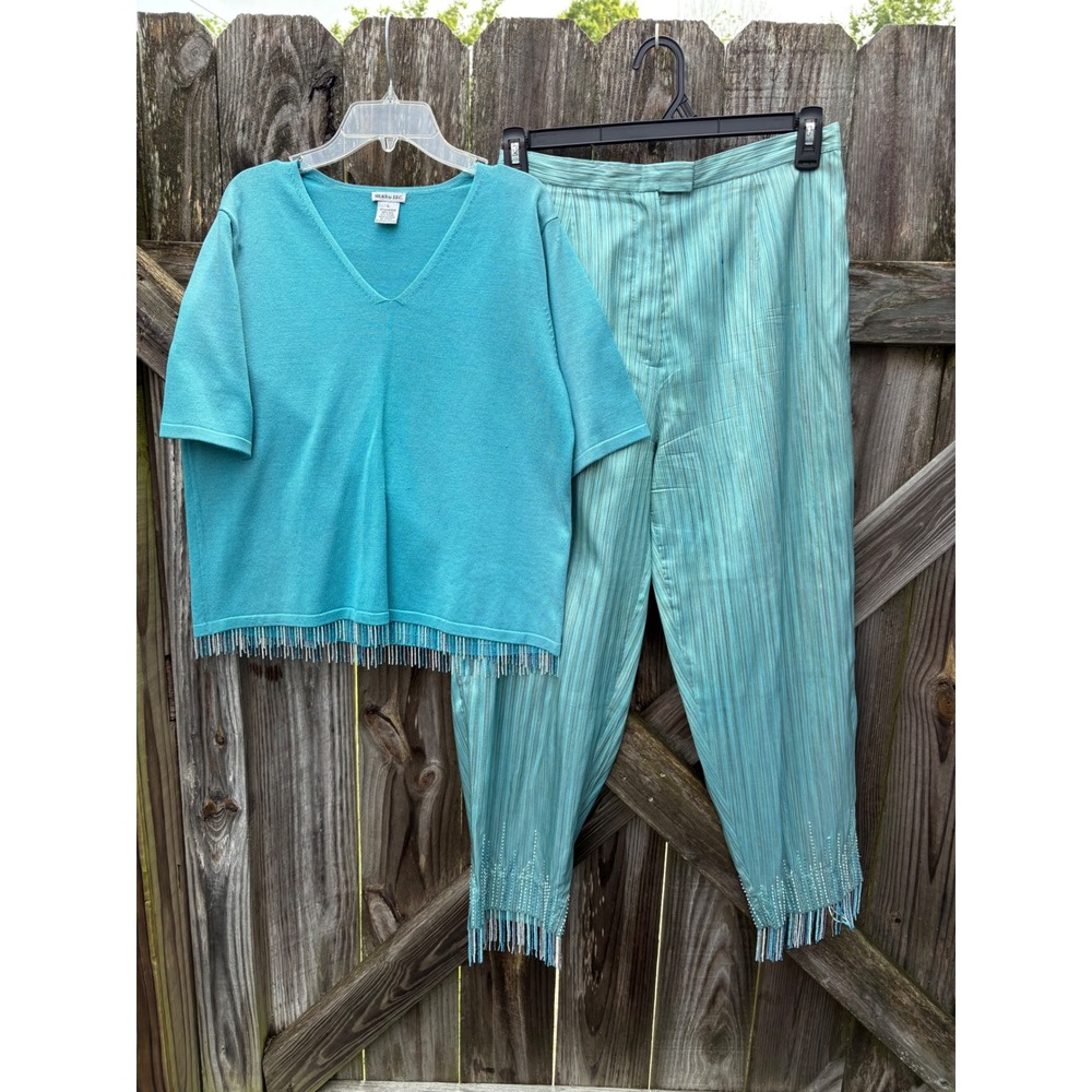 Silks by I.S.C. Vintage 2 Piece Set Silk Beaded Fringe Teal Blue Striped Large